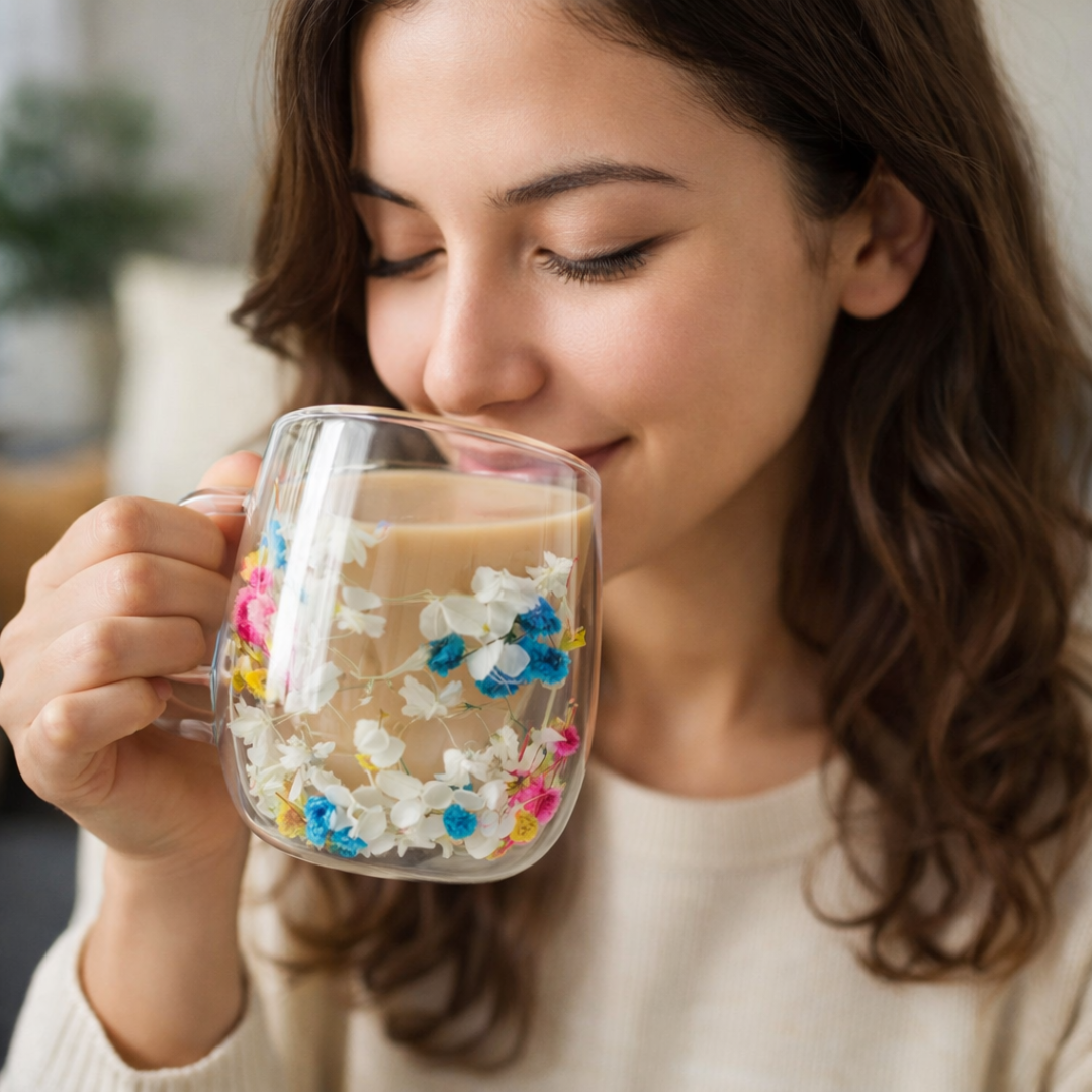 BloomGlass: Taza de Cristal Térmica con Flores Preservadas