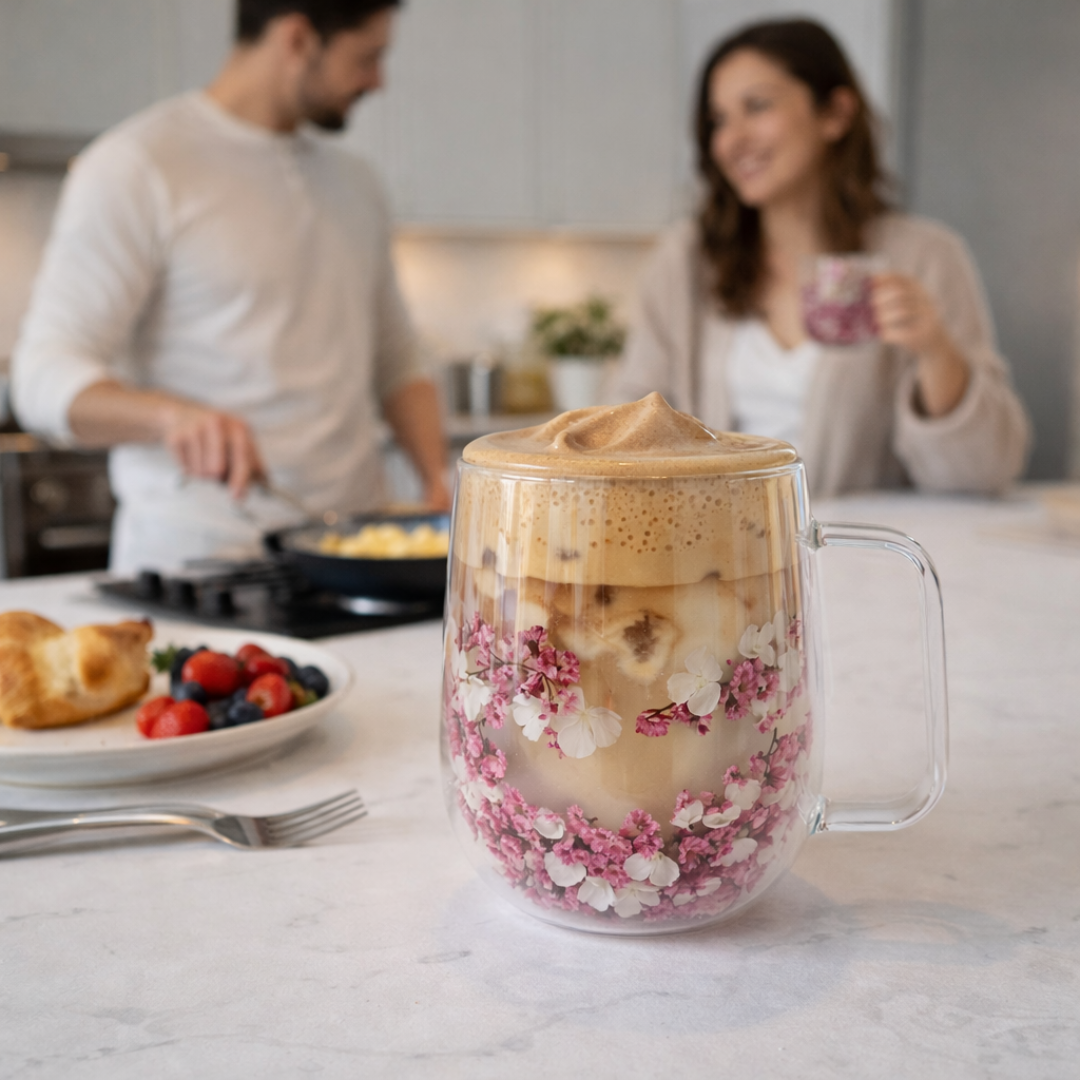 BloomGlass: Taza de Cristal Térmica con Flores Preservadas