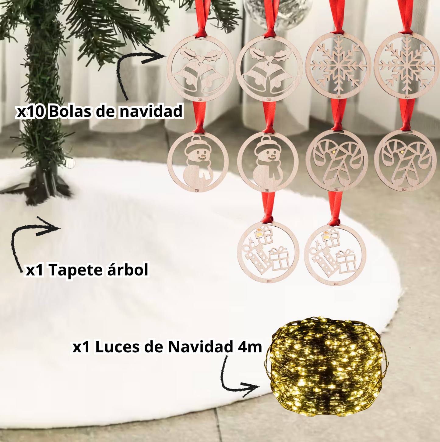 Luz + tapete árbol + 10 bolas de navidad